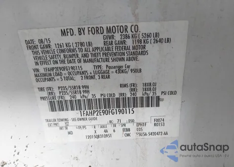 2015 Ford Taurus Sel z USA, uszkodzony, nr VIN 1FAHP2E90FG190115